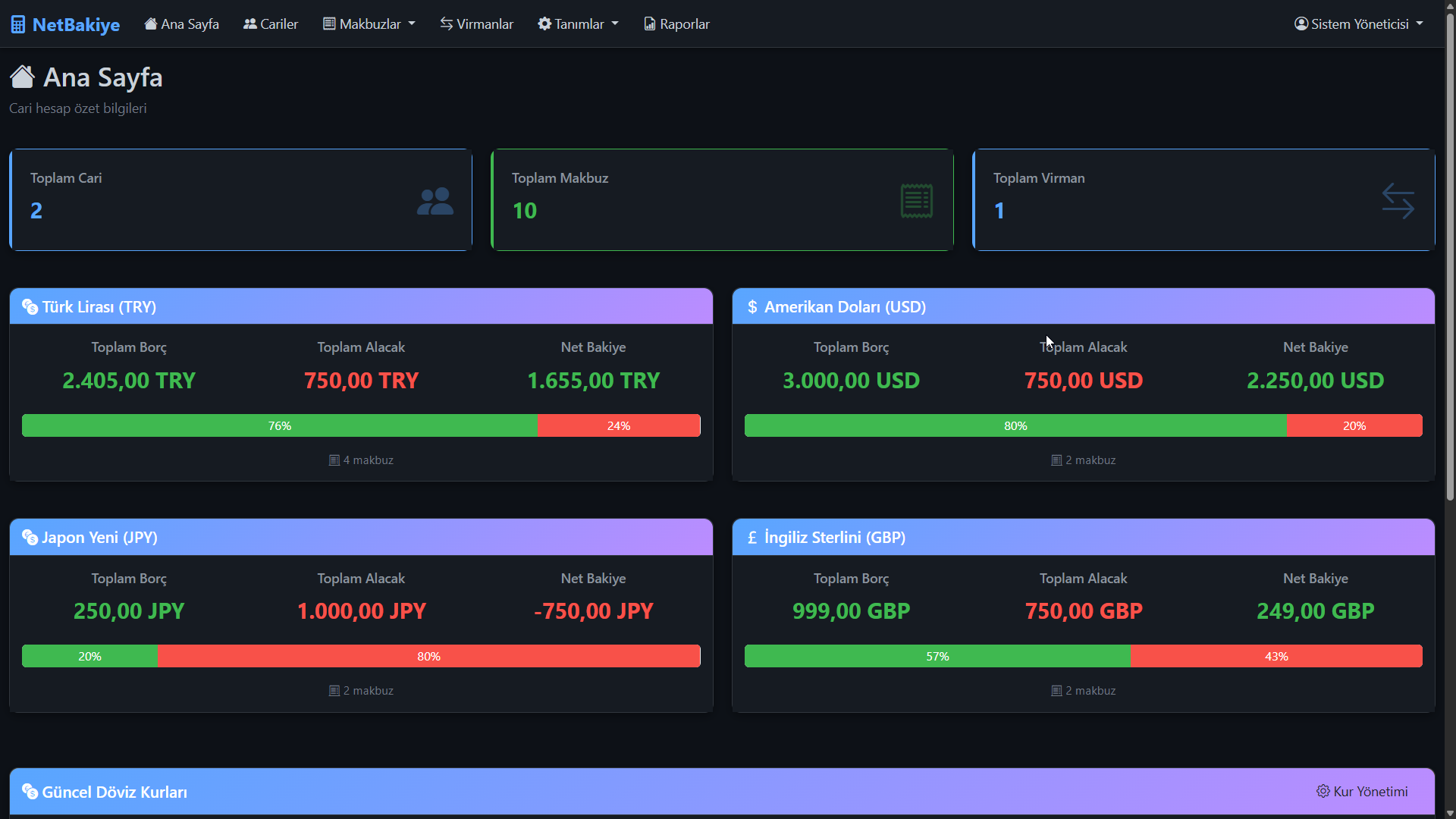 Cari Hesap Takip Programı Dashboard